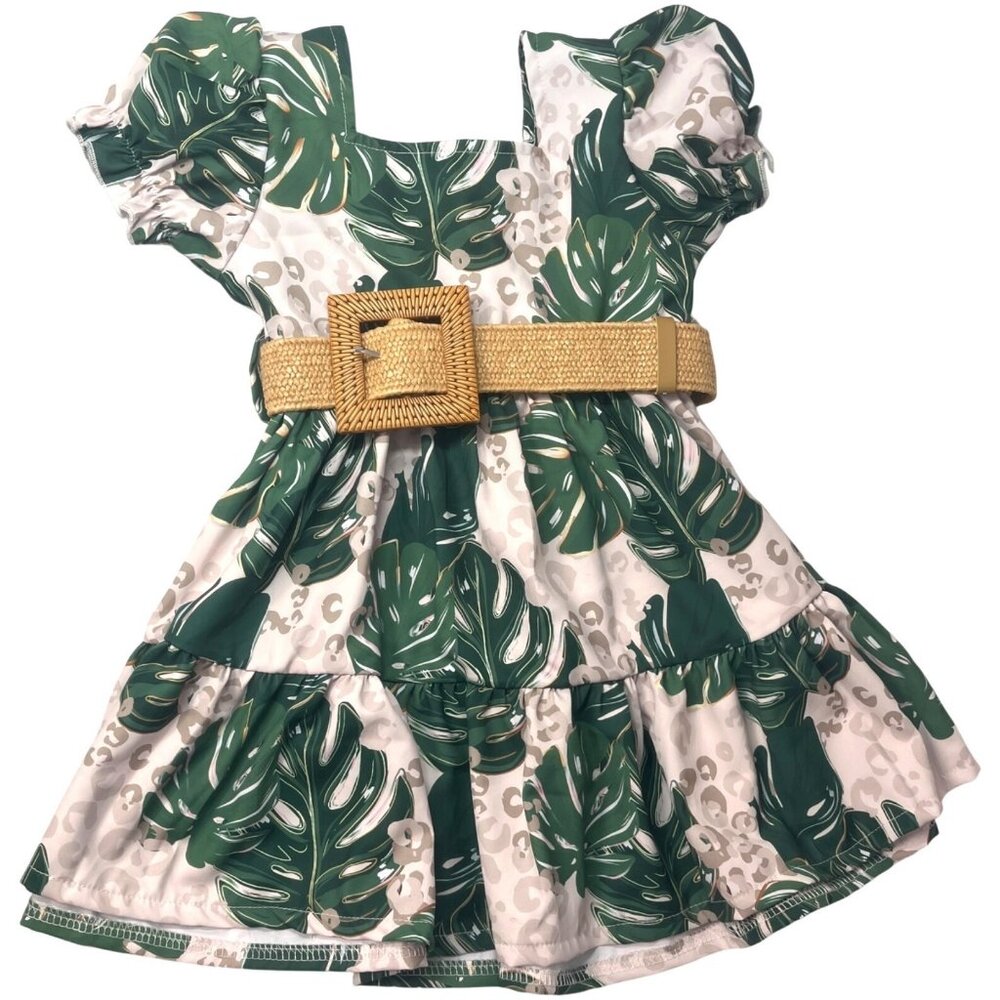 Boutique Tropical Leaf & Leopard Print Dress W Belt & Headband XS Green & Beige